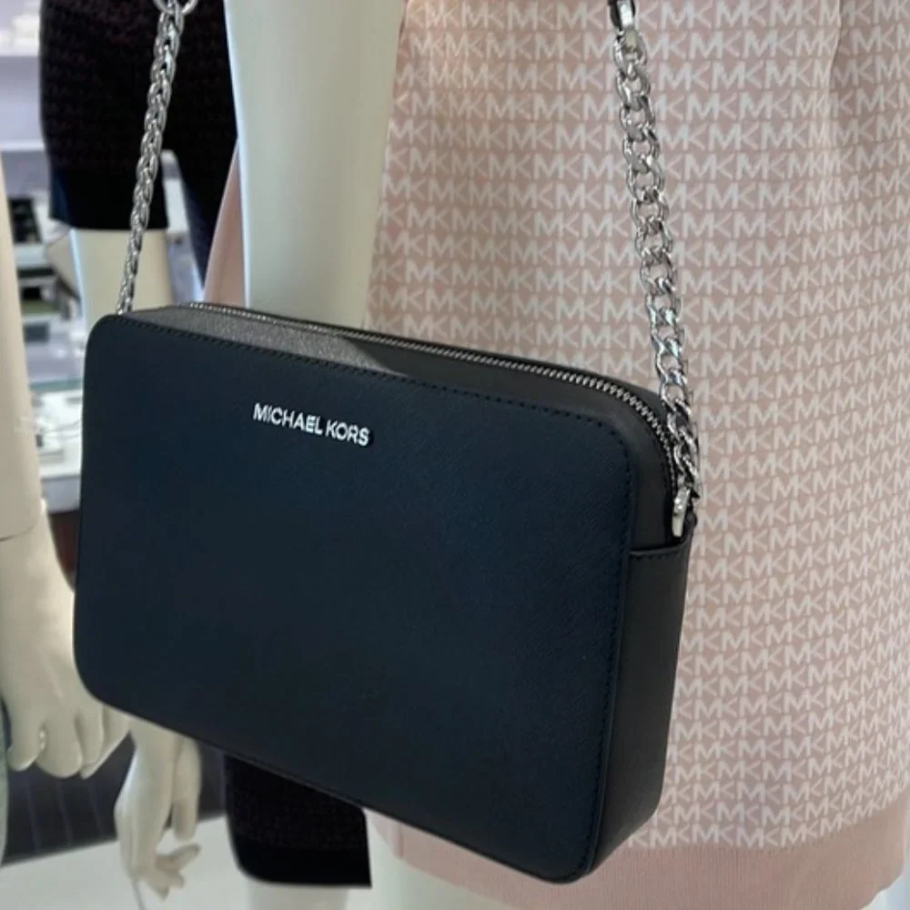 Michael Kors Jet Set Item Large East West Zip Crossbody Leather Black - Picture 1 of 16